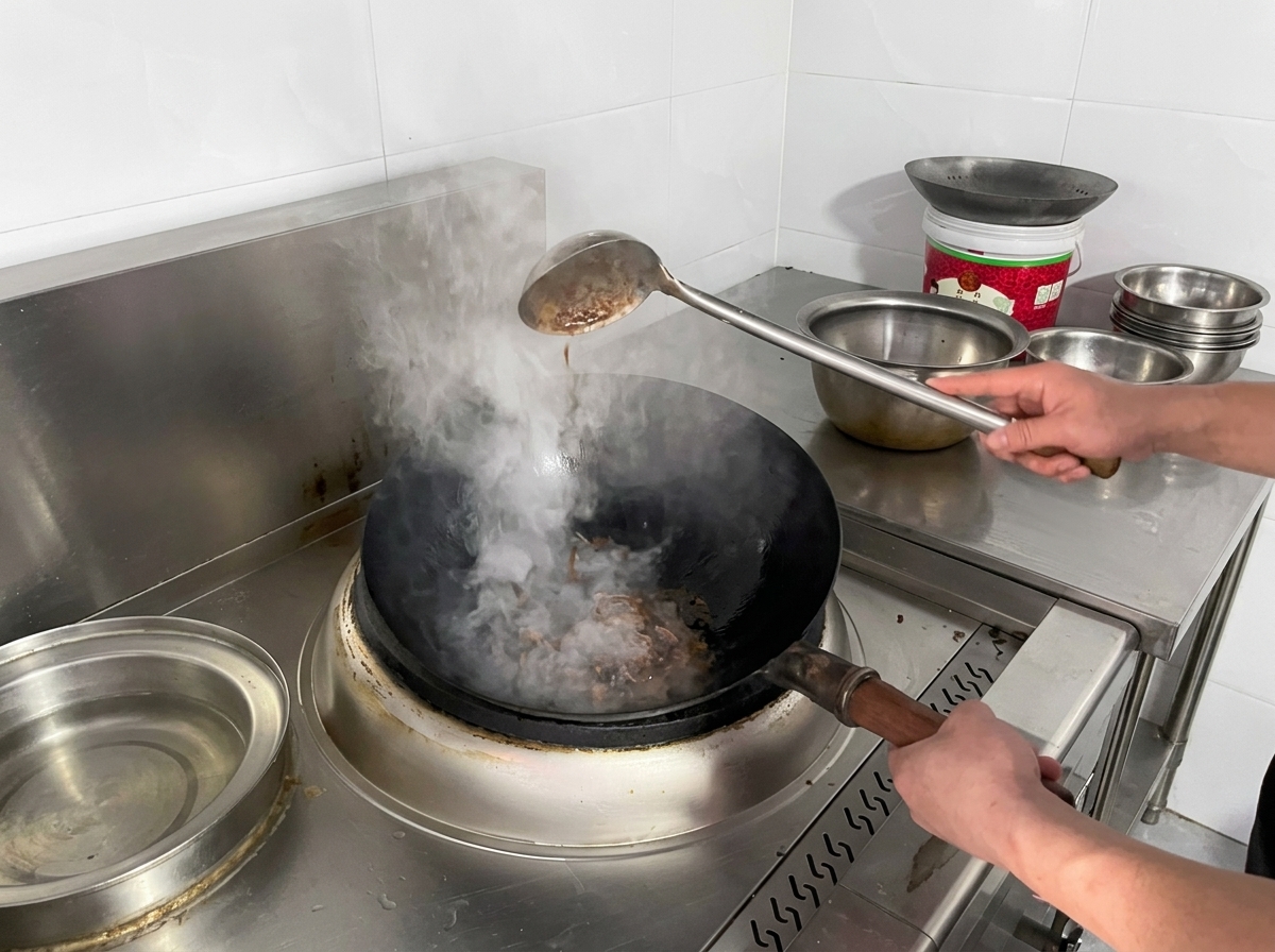 Uno sciroppo di zucchero caramellato rosso-arancio scuro e ribollente sul fondo di un wok caldo con un denso vapore che sale.