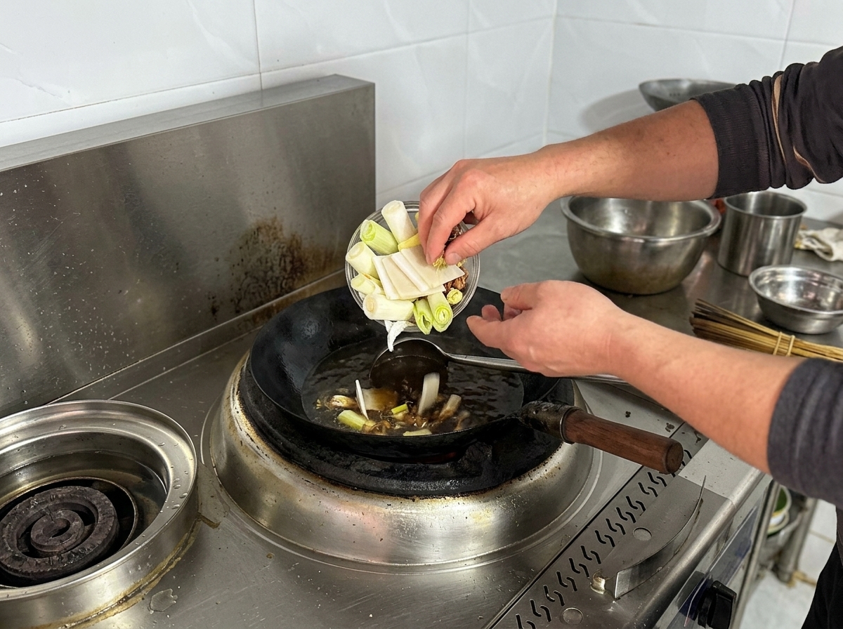 Mani che versano una ciotola di cipollotti freschi, zenzero a fette e anice stellato in un brodo scuro in ebollizione in un wok.