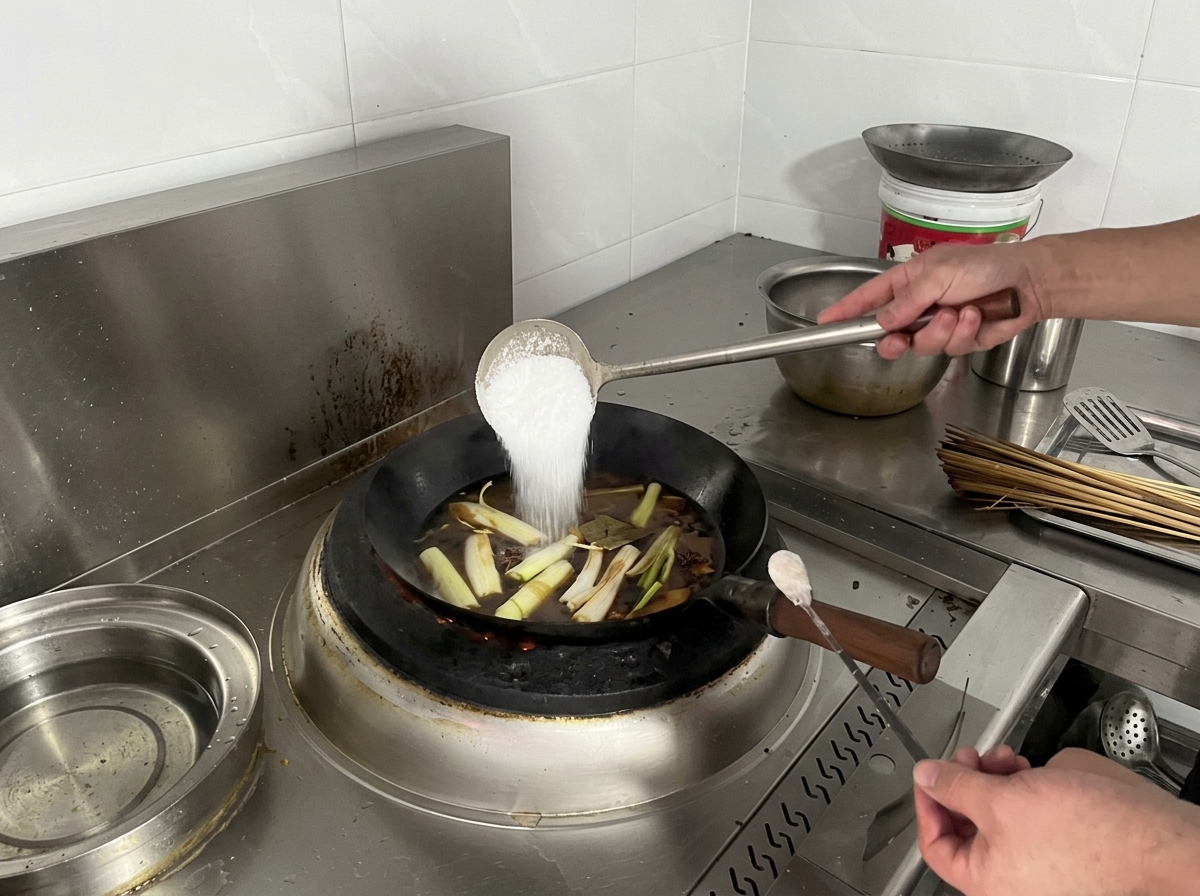 Un grande mestolo di metallo che versa sale bianco in un wok pieno di brodo scuro e aromi.
