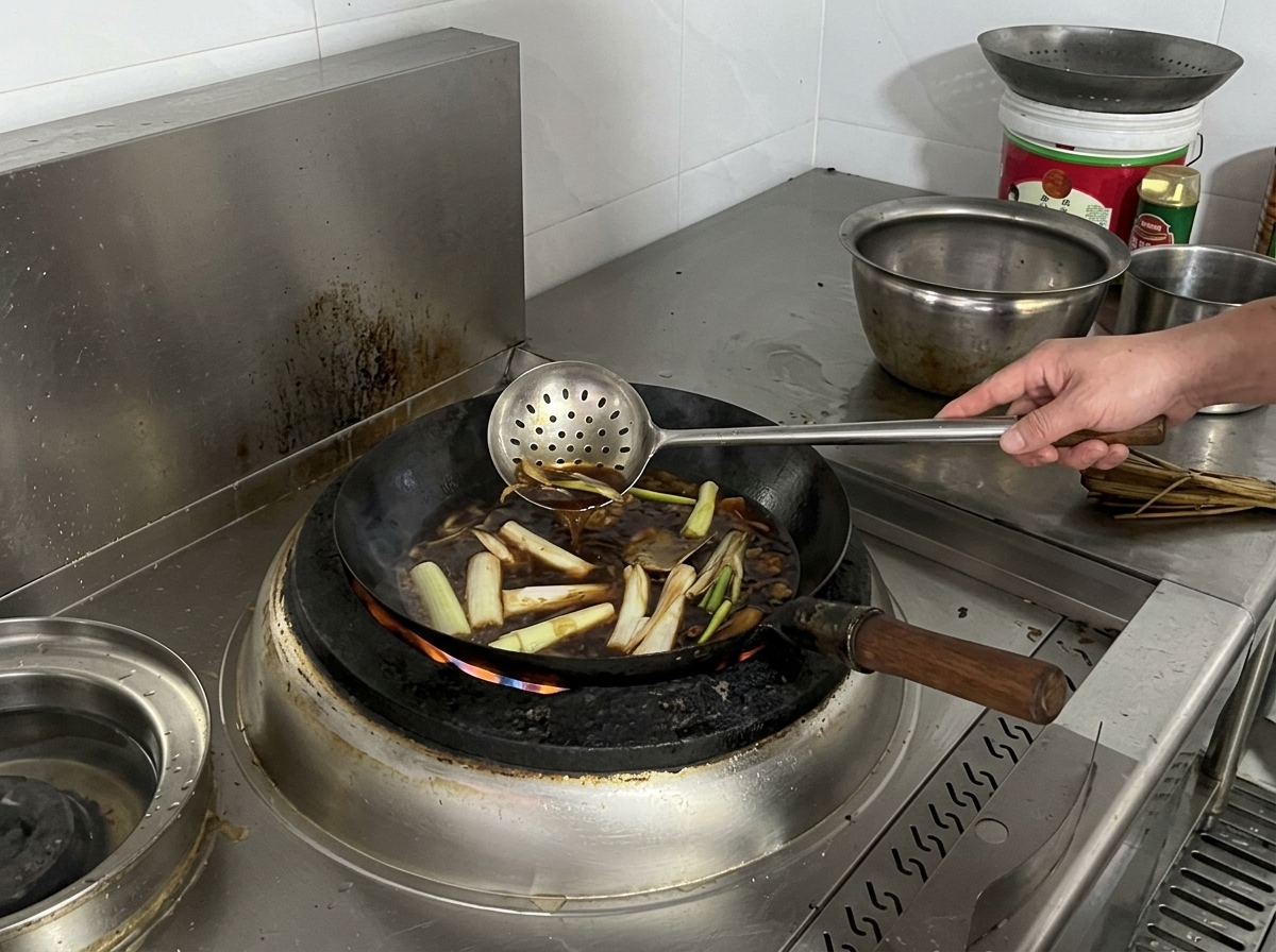 Un mestolo che gira un liquido scuro in ebollizione in un wok contenente cipollotti e spezie, mentre si aggiunge il condimento.