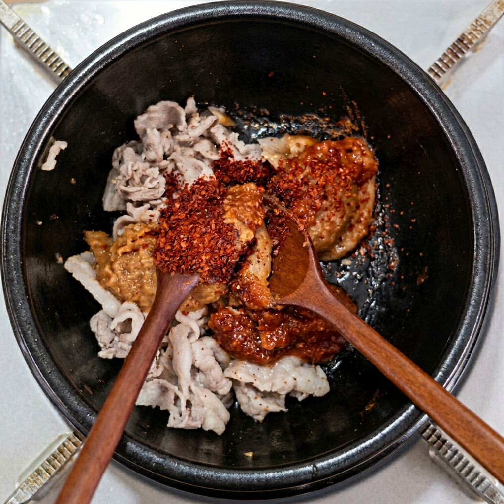 Pancetta saltata con pasta di soia, ssamjang e peperoncino in polvere con cucchiai di legno.