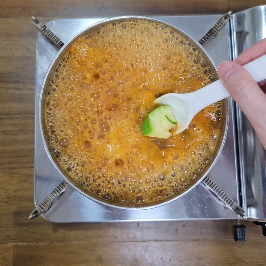 Mano che usa un cucchiaio bianco per aggiungere zucchine verdi a cubetti in una pentola di zuppa bollente.