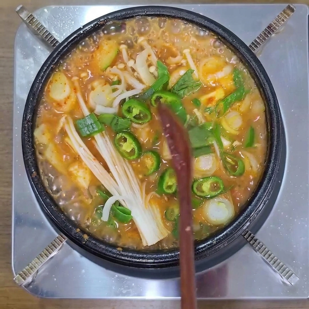 Peperoncini verdi affettati, funghi enoki e cipollotti che sobbollono in una pentola di zuppa coreana.