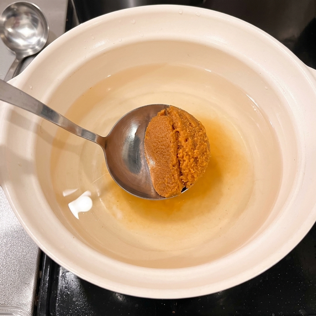 Una cucchiaiata di pasta di miso viene mescolata nel liquido allinterno della pentola.