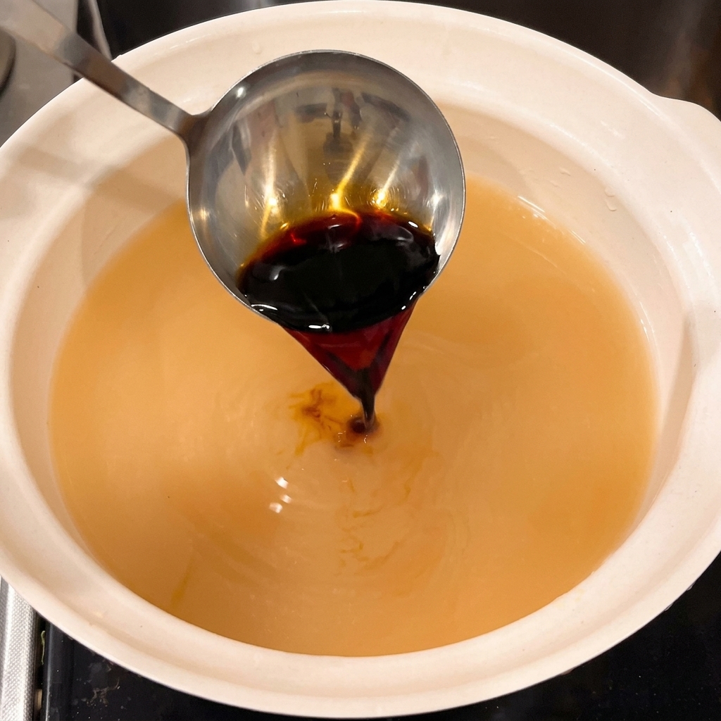 Salsa di soia scura versata da un mestolo metallico in un brodo chiaro, in una pentola di ceramica bianca.