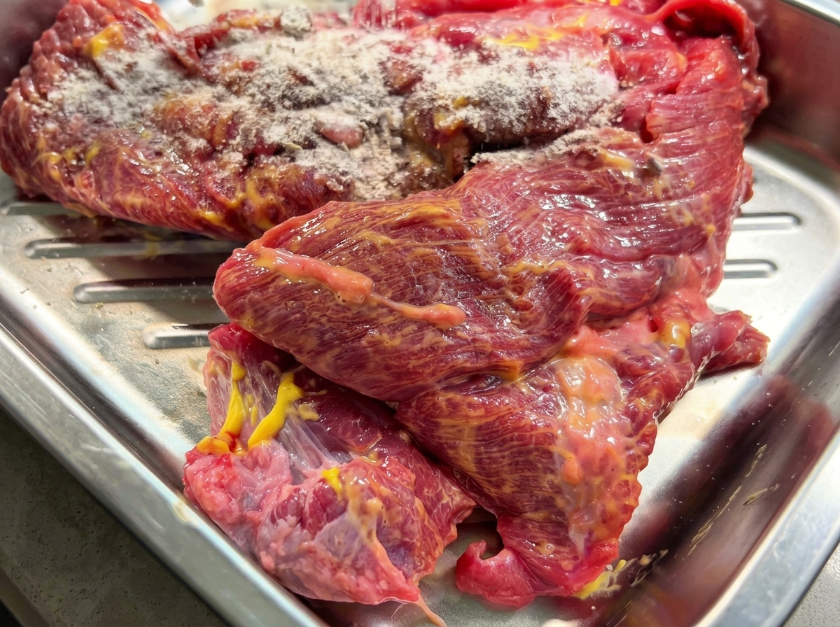 Un pezzo di punta di petto cruda in una teglia dacciaio ricoperta da un mix di spezie secche.