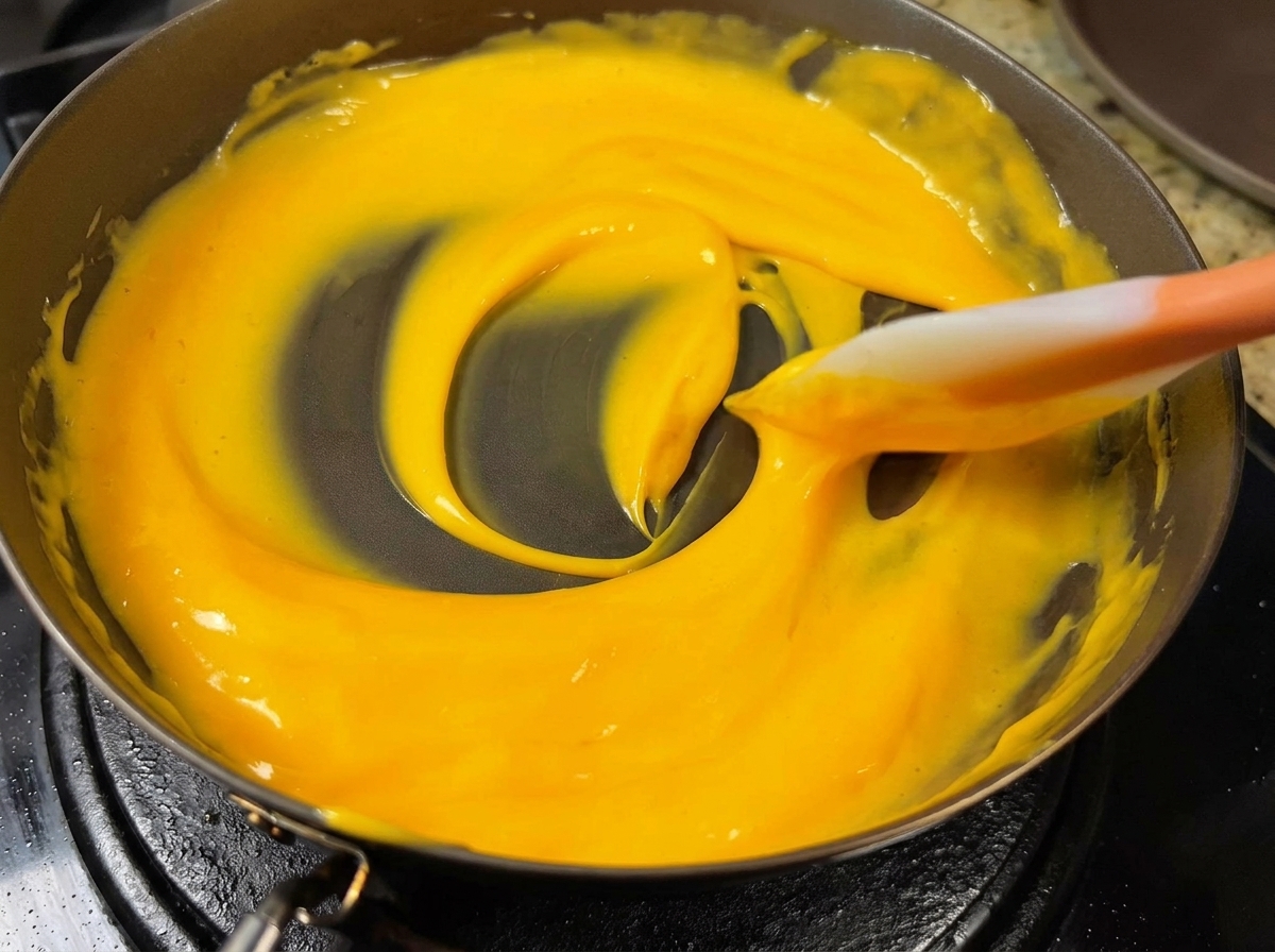 Una salsa di formaggio gialla e cremosa viene mescolata in una padella antiaderente con una spatola di silicone.