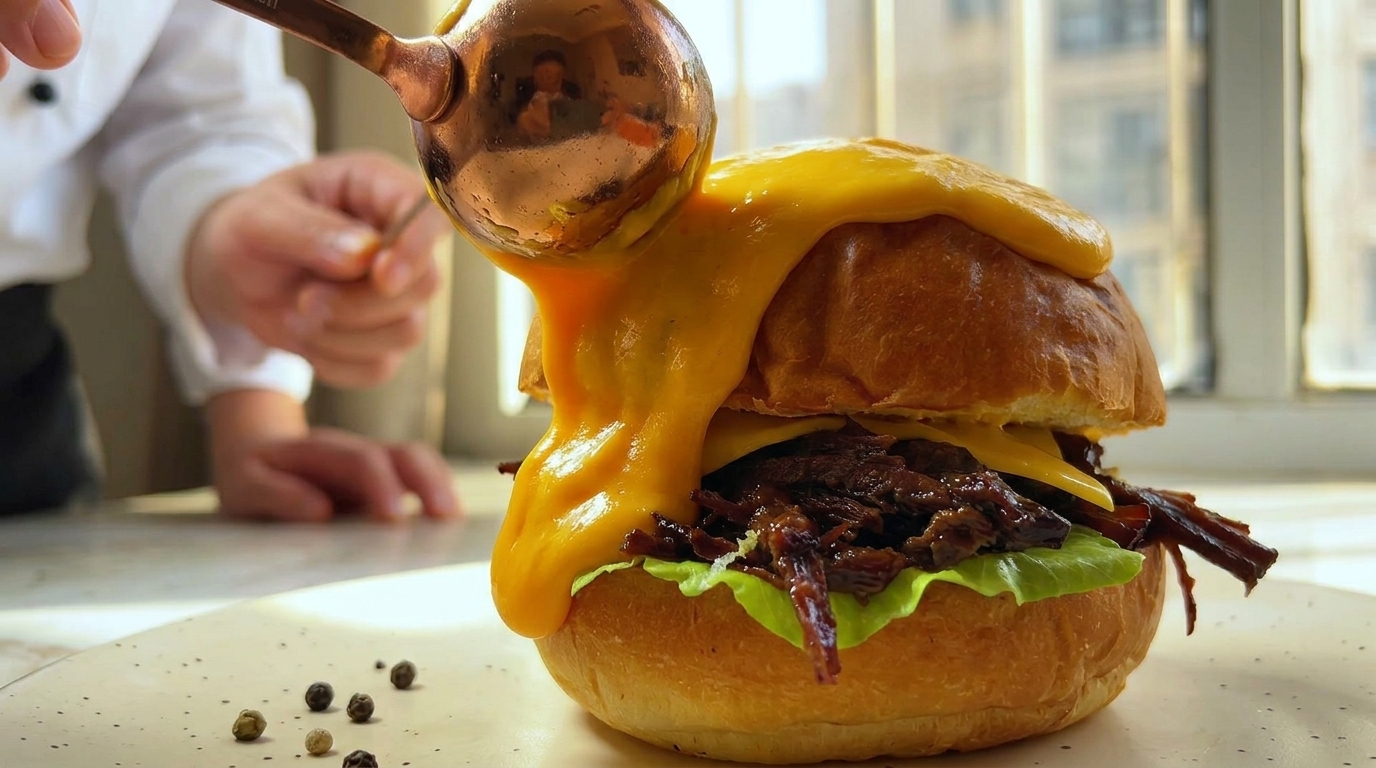 Hamburger di Pulled Beef con Colata di Formaggio