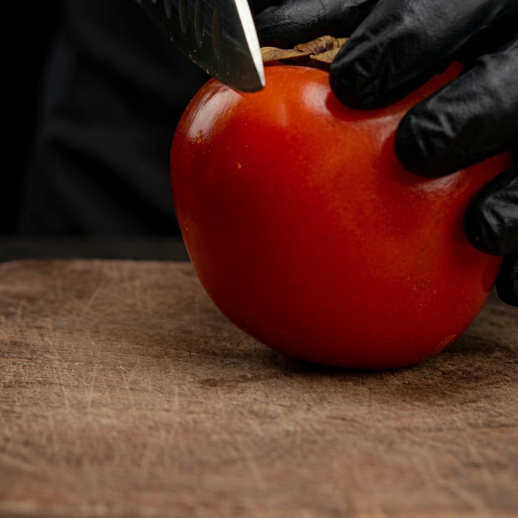 Una mano con un guanto affetta un pomodoro rosso vivo a rondelle spesse su un tagliere di legno con un coltello affilato.