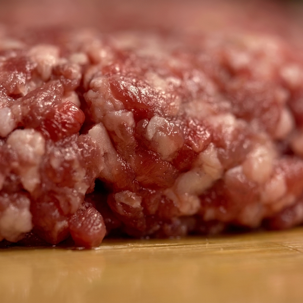 Primo piano di carne macinata di manzo cruda lavorata a mano per formare un medaglione spesso e rotondo su una superficie di legno.