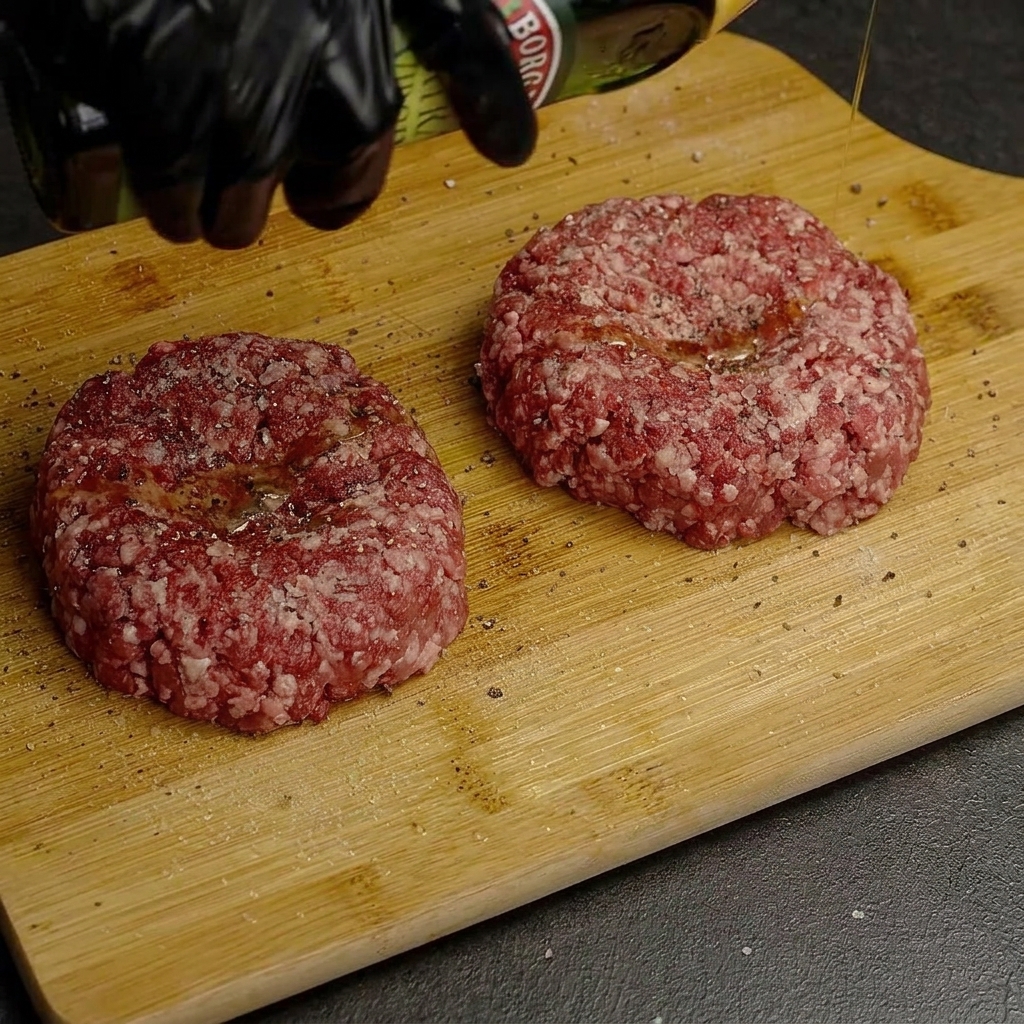 Medaglioni di manzo crudi su un tagliere di legno insaporiti con sale, pepe e un filo dolio doliva.