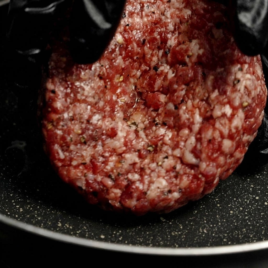 Una mano con un guanto adagia delicatamente un medaglione di carne macinata ben condito in una padella scura e rovente.