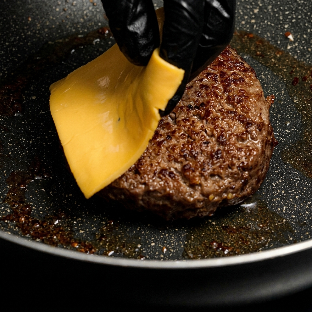 Un medaglione di carne cotto e rosolato in padella su cui viene adagiata una fetta di formaggio giallo.