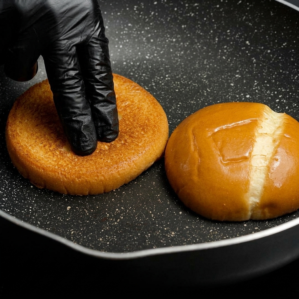 Le due metà di un panino per hamburger messe a tostare a faccia in giù in una padella ben calda.