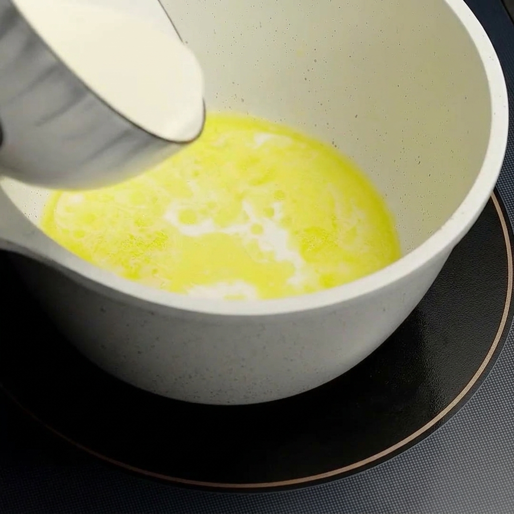 Un pentolino bianco sui fornelli con burro fuso a cui vengono aggiunti latte e panna.