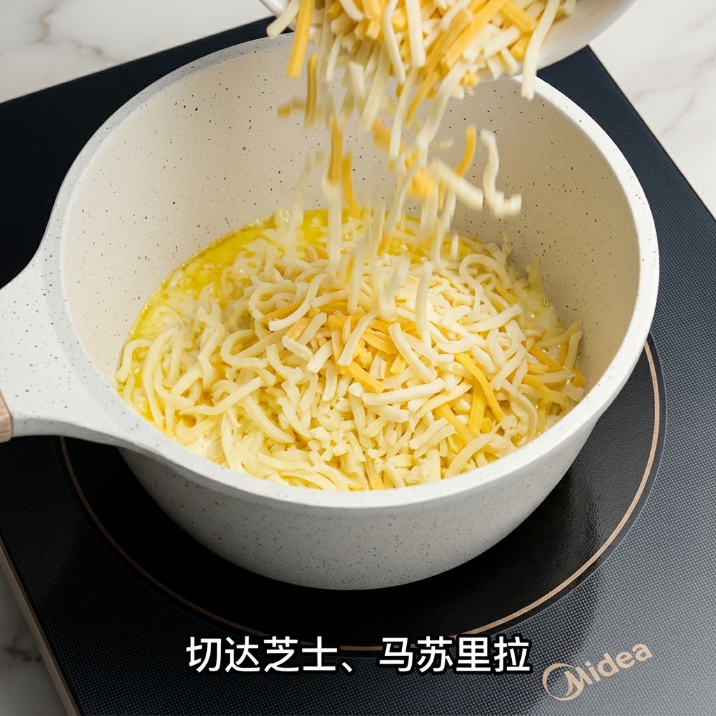 Mozzarella e formaggio cheddar grattugiati vengono versati in un pentolino con una base di panna calda.