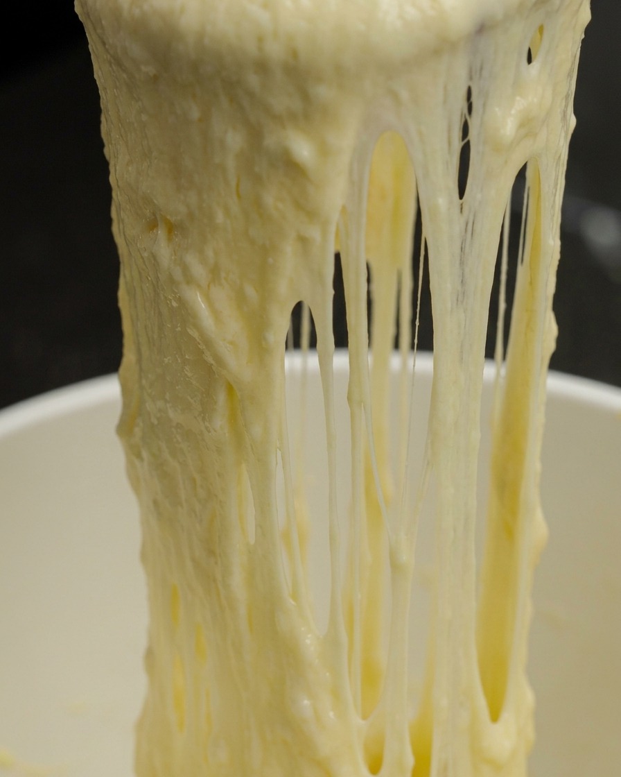 Primo piano di una salsa al formaggio liscia e filante sollevata con una spatola dal pentolino.