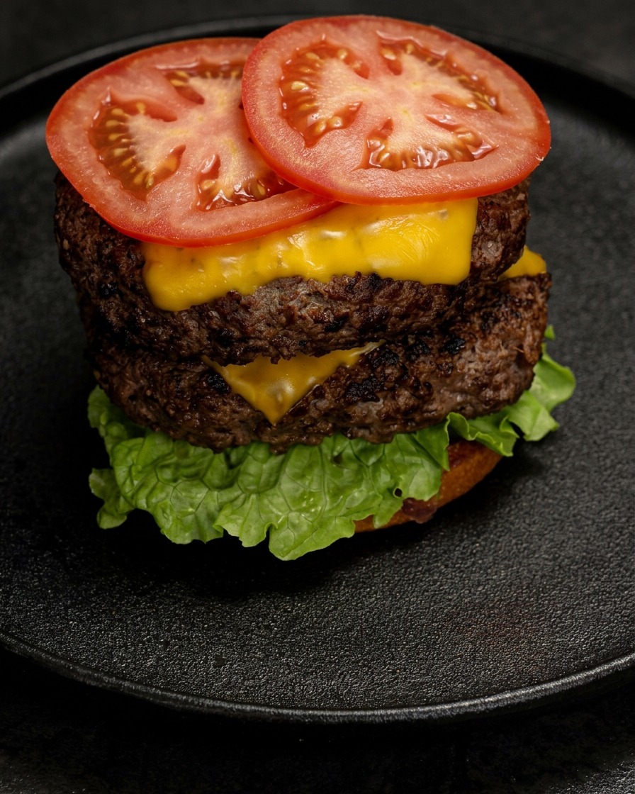 Lassemblaggio finale dellhamburger che mostra due medaglioni di carne con formaggio fuso, lattuga e fette di pomodoro.