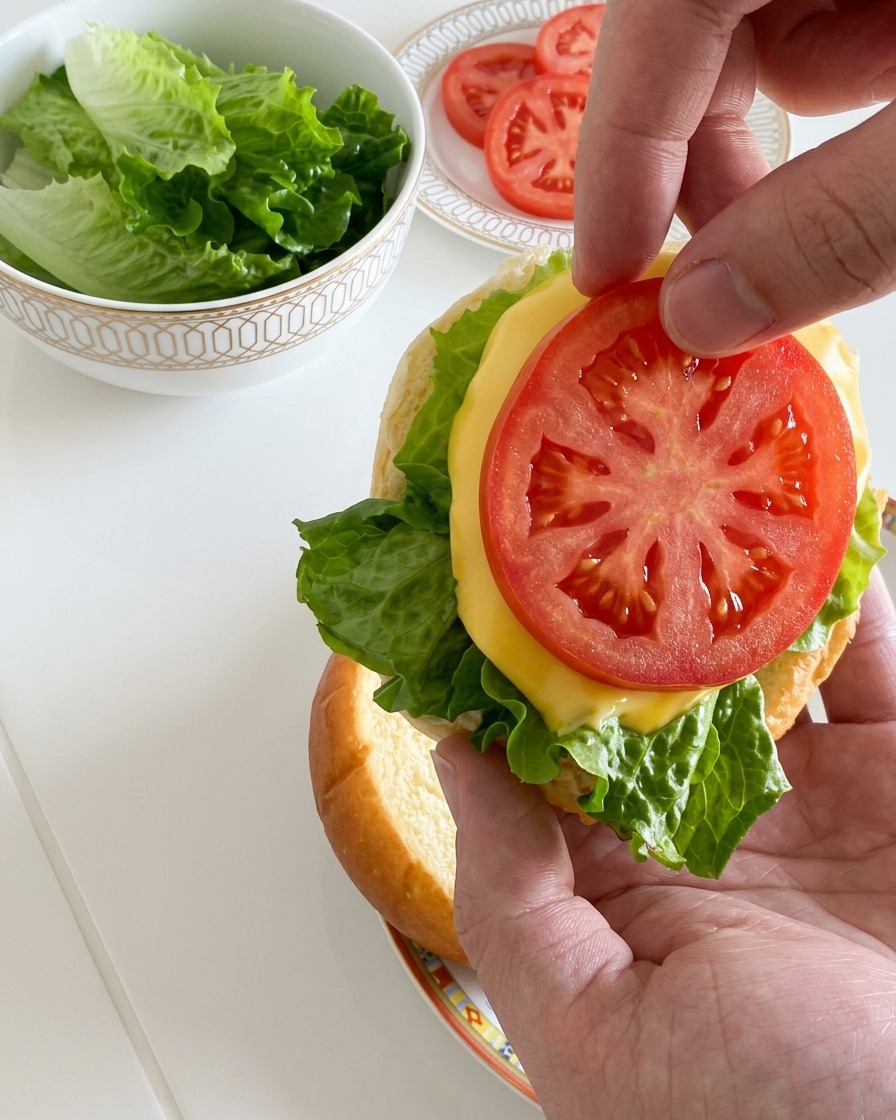 Una mano che posiziona una fetta di pomodoro rosso brillante sullo strato di formaggio fuso dellhamburger.