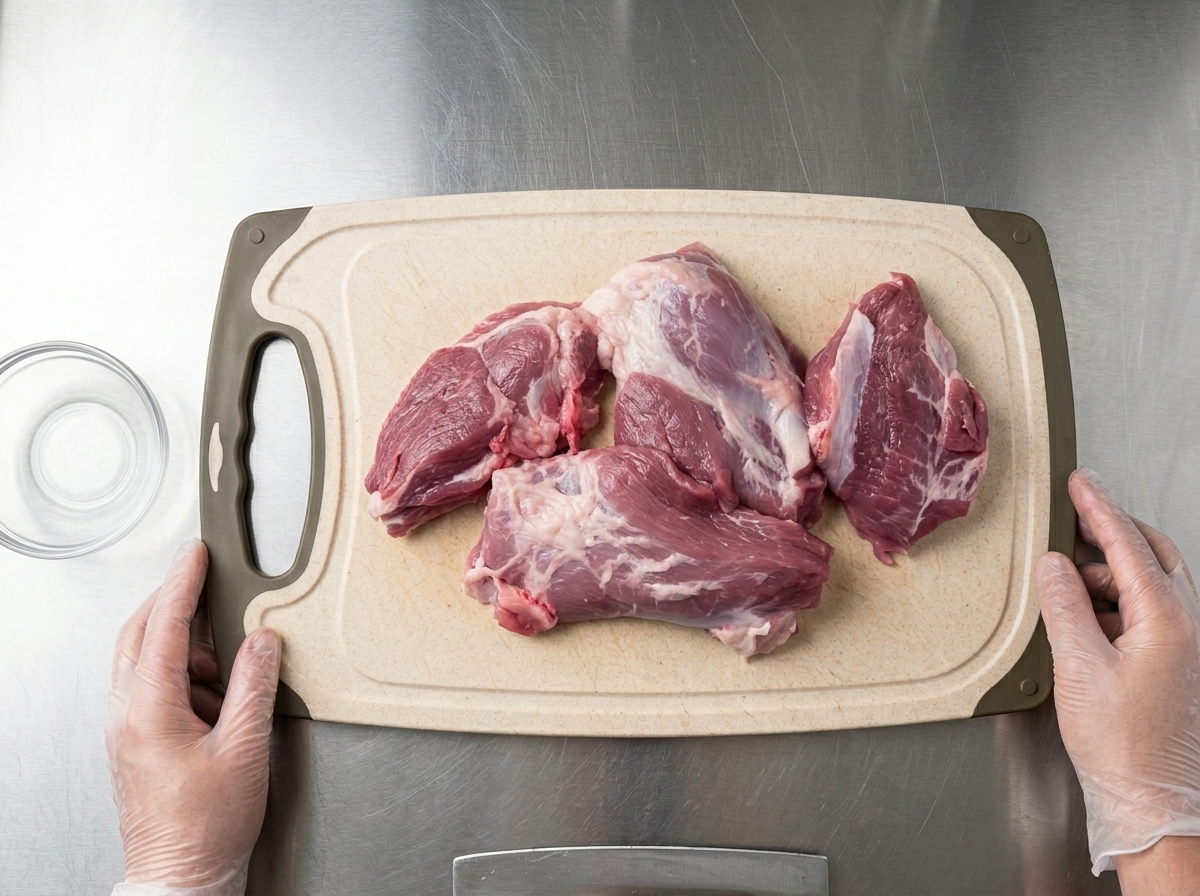 Mani che usano un coltello da chef per tagliare un grosso pezzo di maiale crudo a cubetti su un tagliere chiaro.