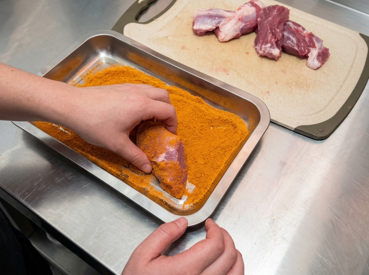 Una mano che preme un pezzo di maiale crudo in una teglia di metallo piena di spezie cajun per panarlo.