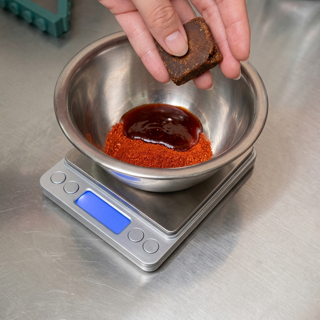 Una ciotola di metallo su una bilancia digitale con polvere di peperoncino, salsa scura e cubetti di zucchero di canna.