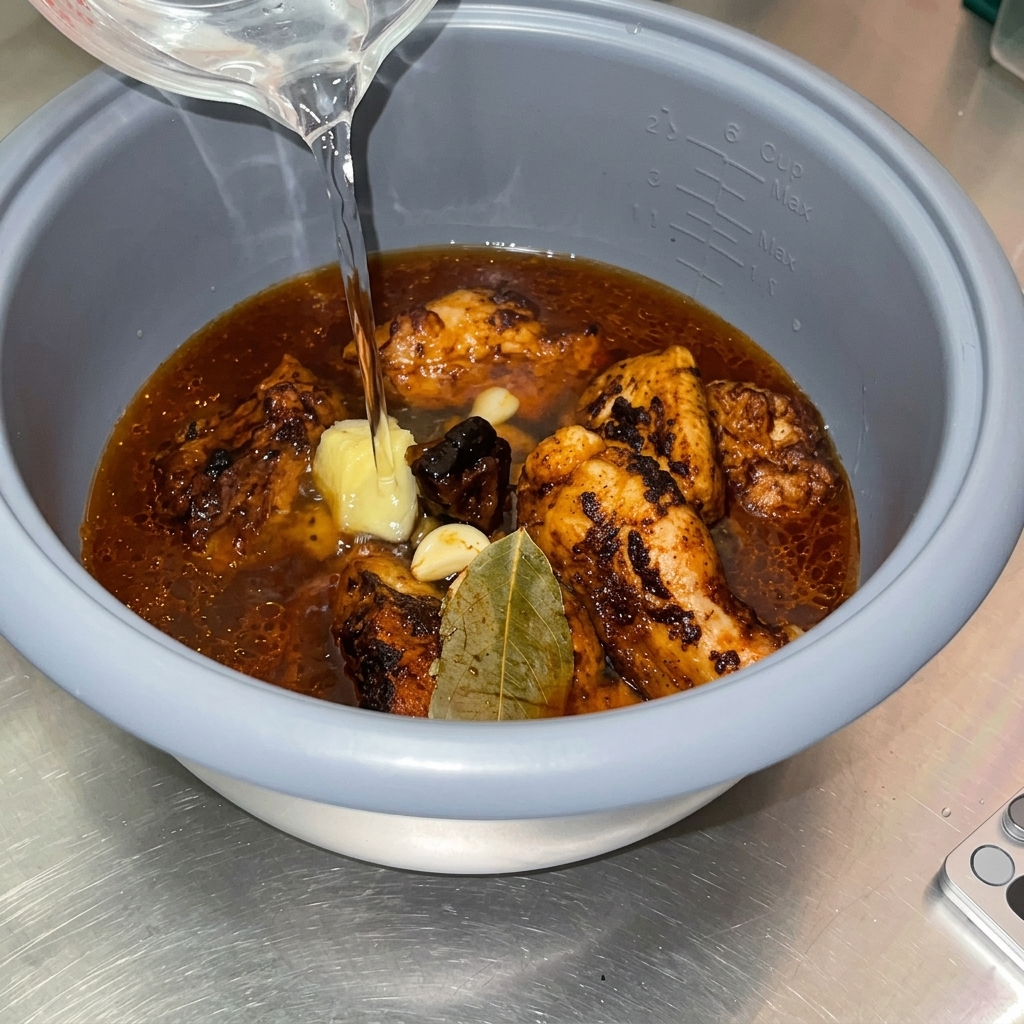Acqua versata da un misurino in una pentola cuociriso piena di maiale rosolato, aromi e salsa scura.