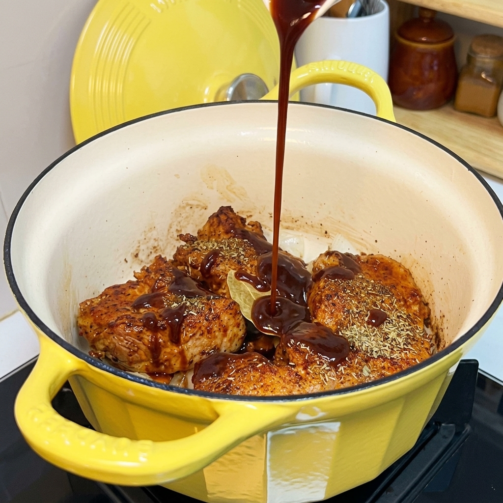 Salsa barbecue versata da una bottiglia nella pentola sopra il maiale rosolato e le cipolle.