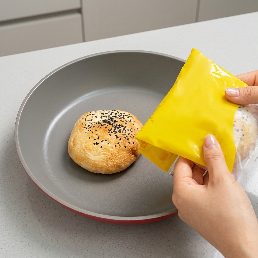 Tre panini da hamburger con semi di sesamo neri tostati in padella fino a doratura.