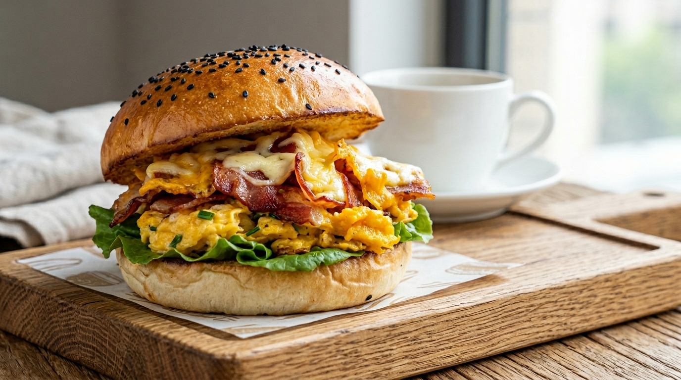 Burger veloce per la colazione con bacon e uova strapazzate