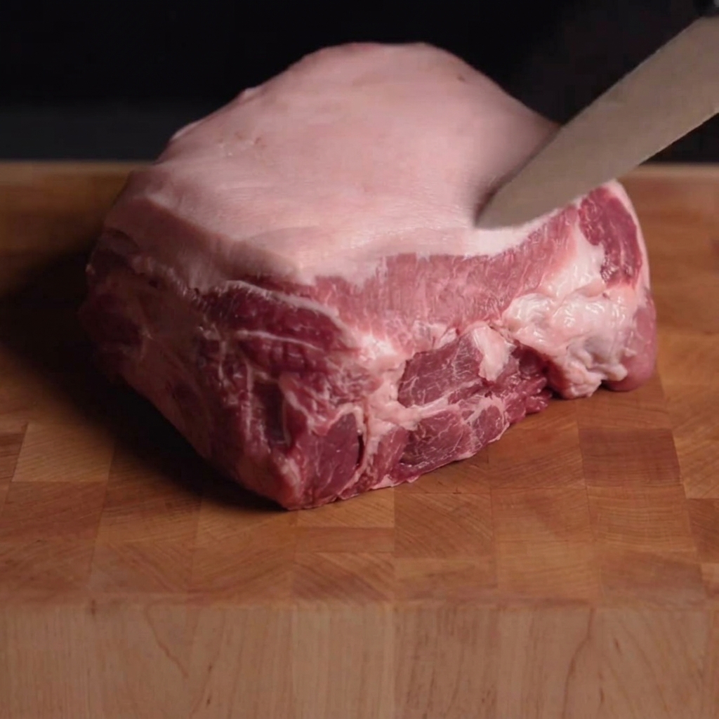 Un coltello affilato incide a reticolo lo strato di grasso di un grosso trancio di spalla di maiale cruda su un tagliere di legno.