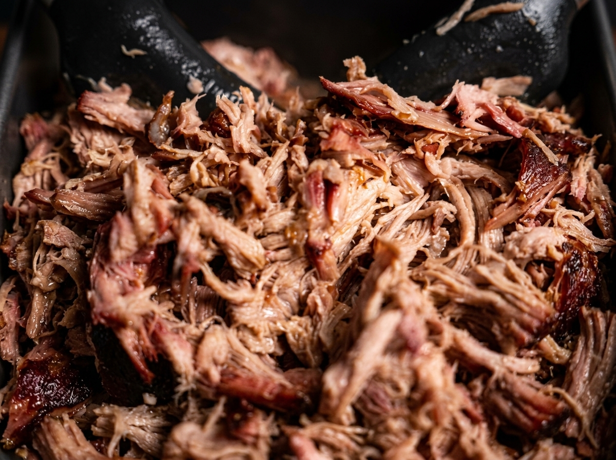 Primo piano di un vassoio pieno di pulled pork affumicato appena sfilacciato.