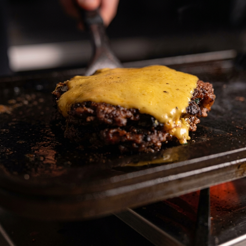Una fetta di formaggio fuso che ricopre in modo invitante un tortino croccante di pulled pork su una piastra, mentre viene sollevato da una spatola di metallo.
