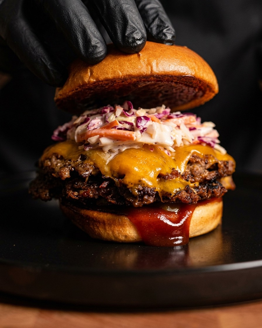 Una mano che posiziona la parte superiore del pane su un altissimo hamburger BBQ ripieno di tortini di pulled pork croccanti, formaggio fuso, salse e coleslaw cremosa.