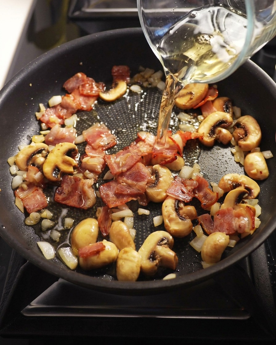 Vino bianco versato da un bicchiere in una padella calda con il misto di pancetta e funghi.