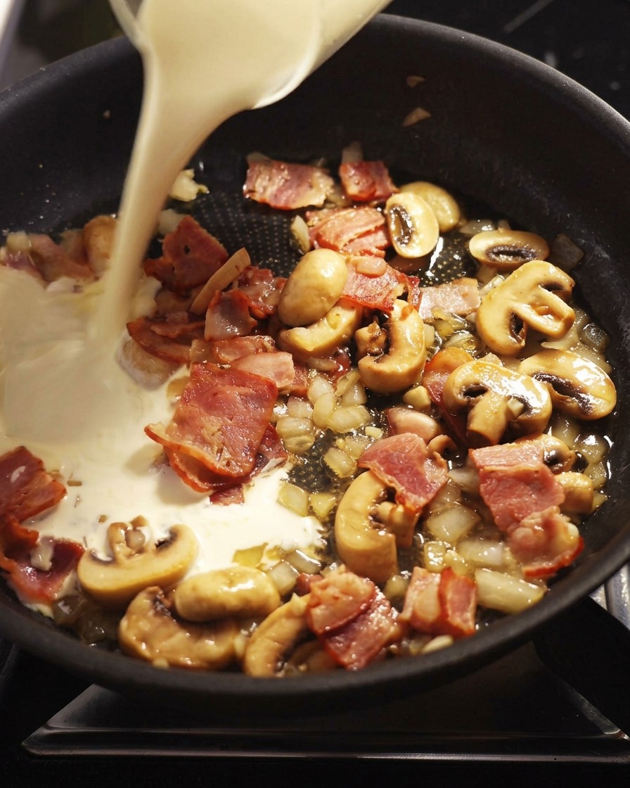 Panna liquida versata nella padella con la pancetta e i funghi saltati.