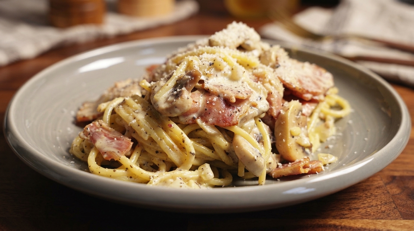 Spaghetti Cremosi al Tartufo Nero con Pancetta e Funghi