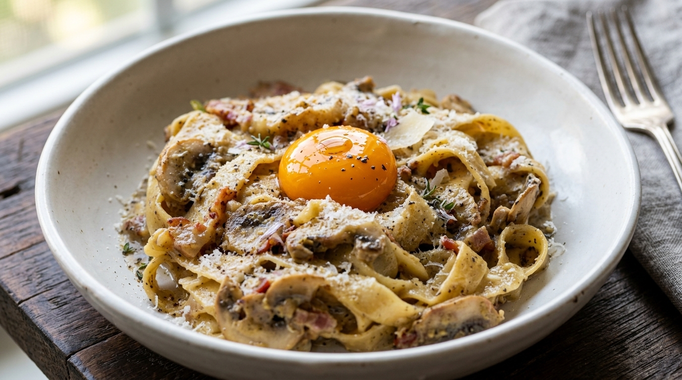 Pasta ai funghi e tartufo nero con bacon croccante