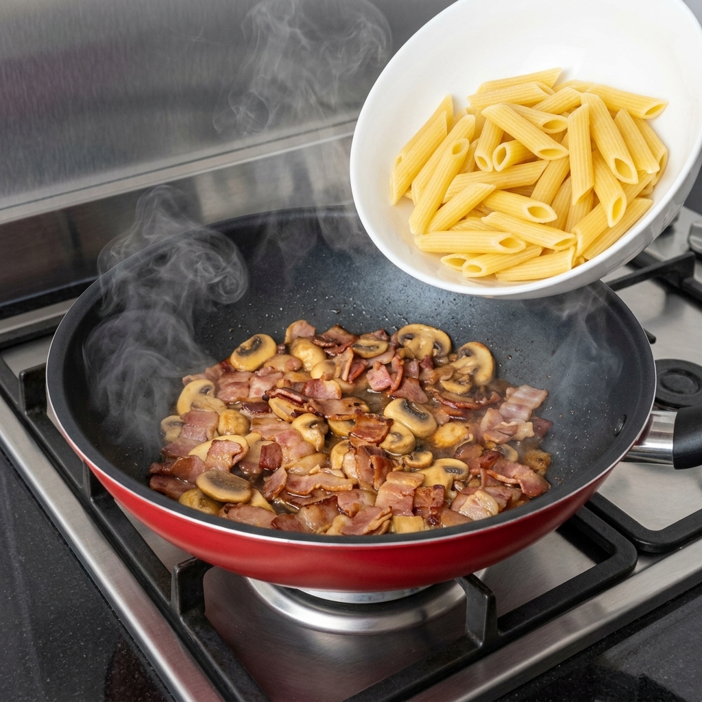 Penne cotte aggiunte nella padella con bacon e funghi, pronte per essere saltate.