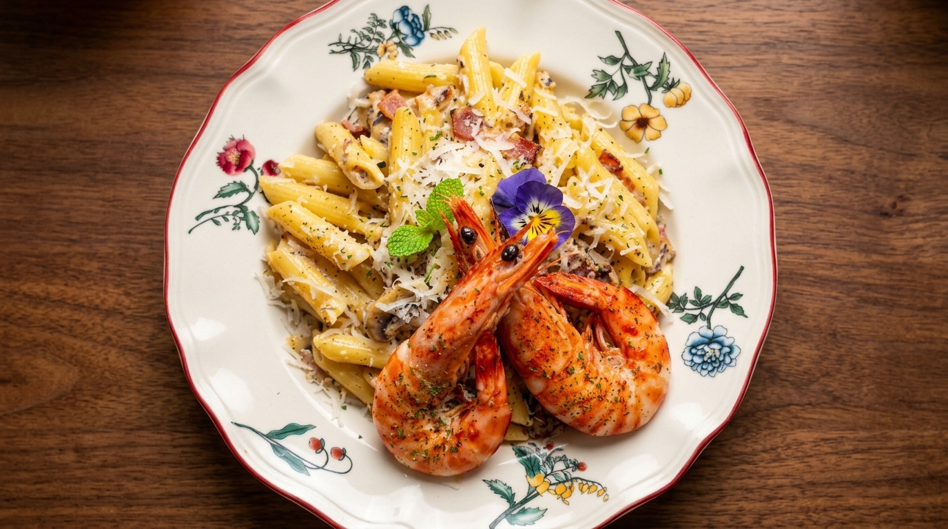 Penne alla Carbonara con Tartufo Nero, Bacon e Funghi