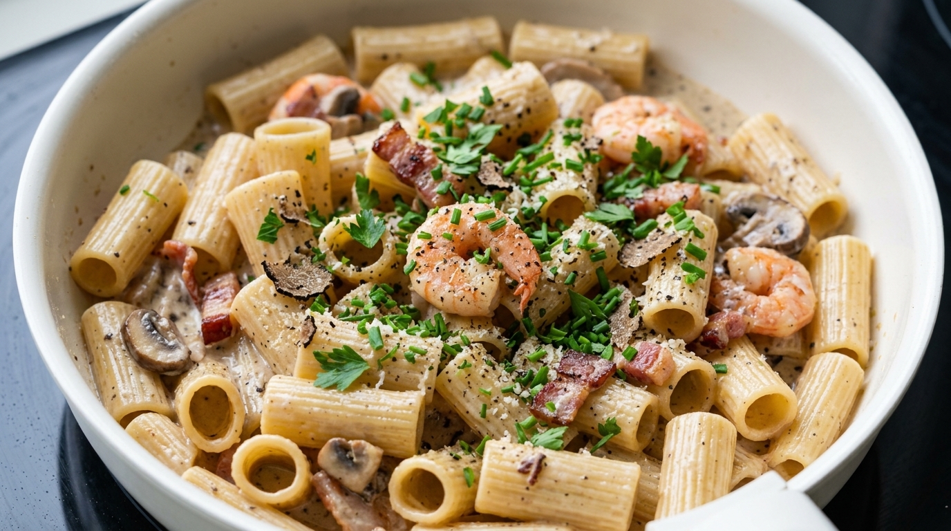 Pasta Cremosa con Pancetta, Gamberi e Tartufo Nero