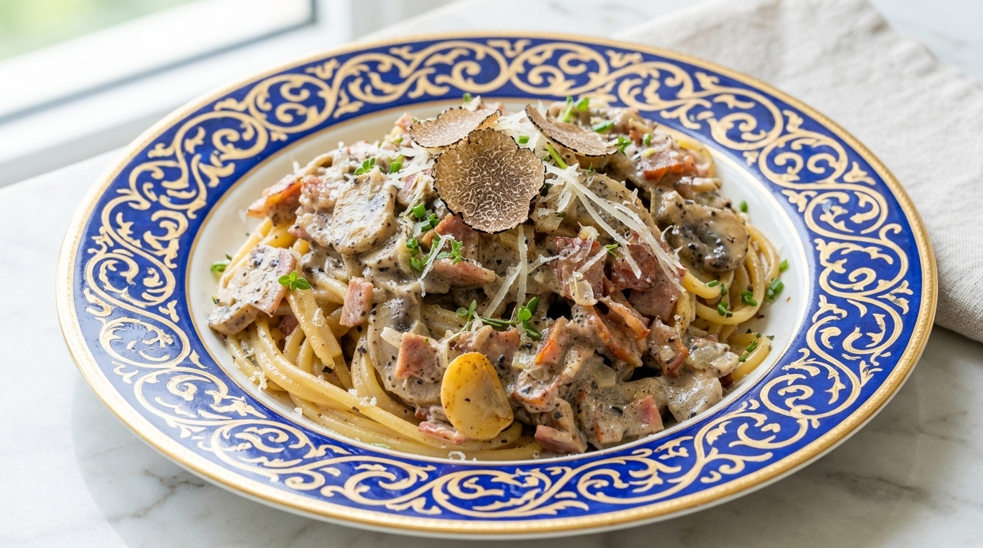 Spaghetti al Tartufo Nero con Pancetta e Funghi