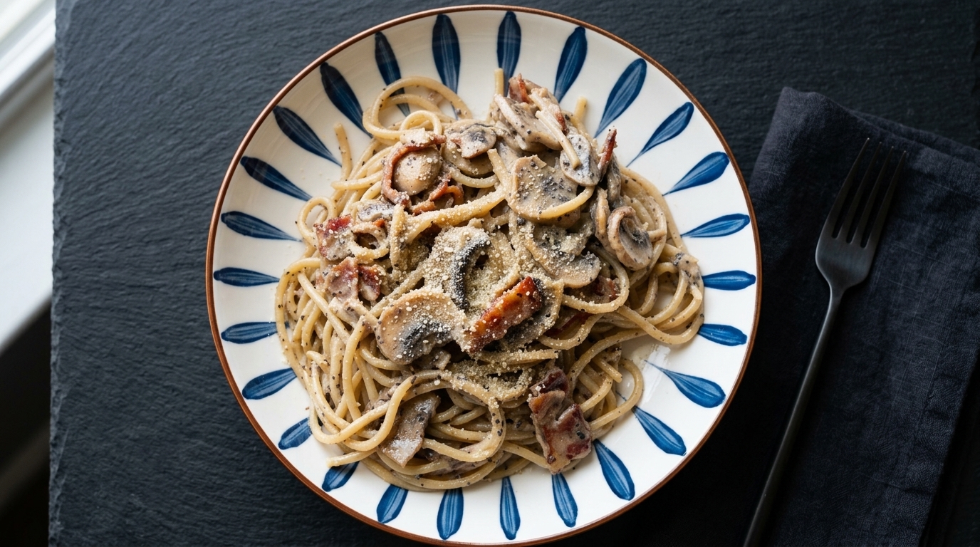 Pasta Cremosa al Tartufo Nero, Pancetta e Funghi