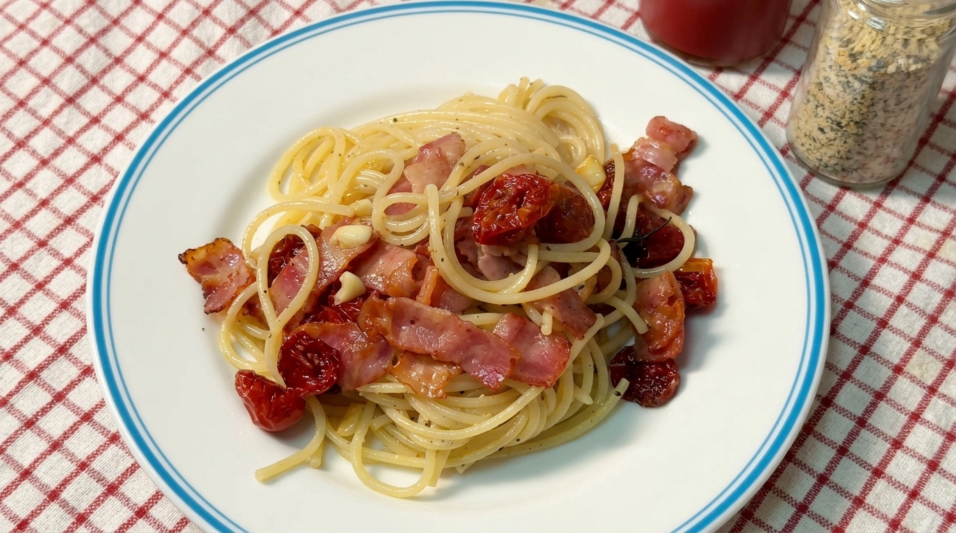 Spaghetti Saporiti con Pomodori Secchi e Pancetta