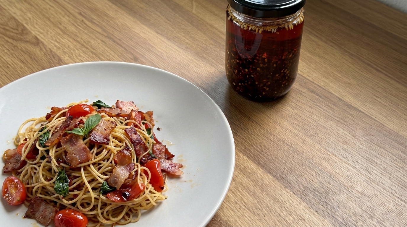 Spaghetti piccanti saltati in padella con pancetta