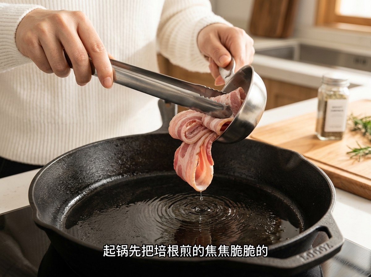 Pezzi di pancetta che friggono in una padella calda, diventando croccanti e dorati.