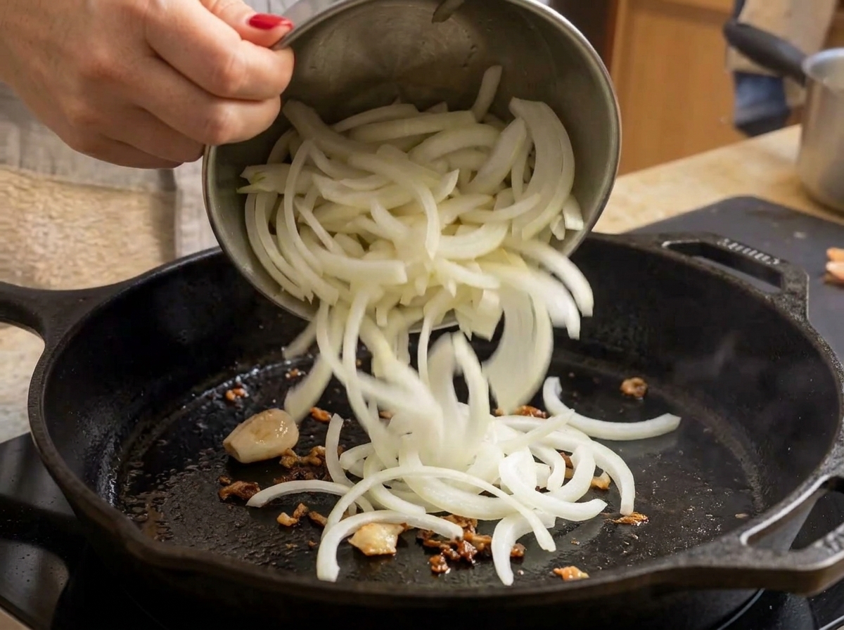 Fette di cipolla aggiunte a una padella contenente pezzi di pancetta cotta, pronte per essere saltate.