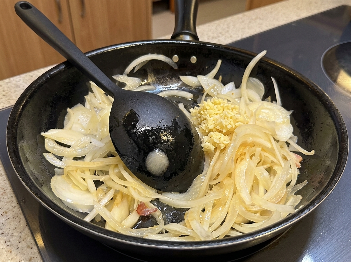 Aglio tritato aggiunto a una padella con cipolle saltate e pancetta.