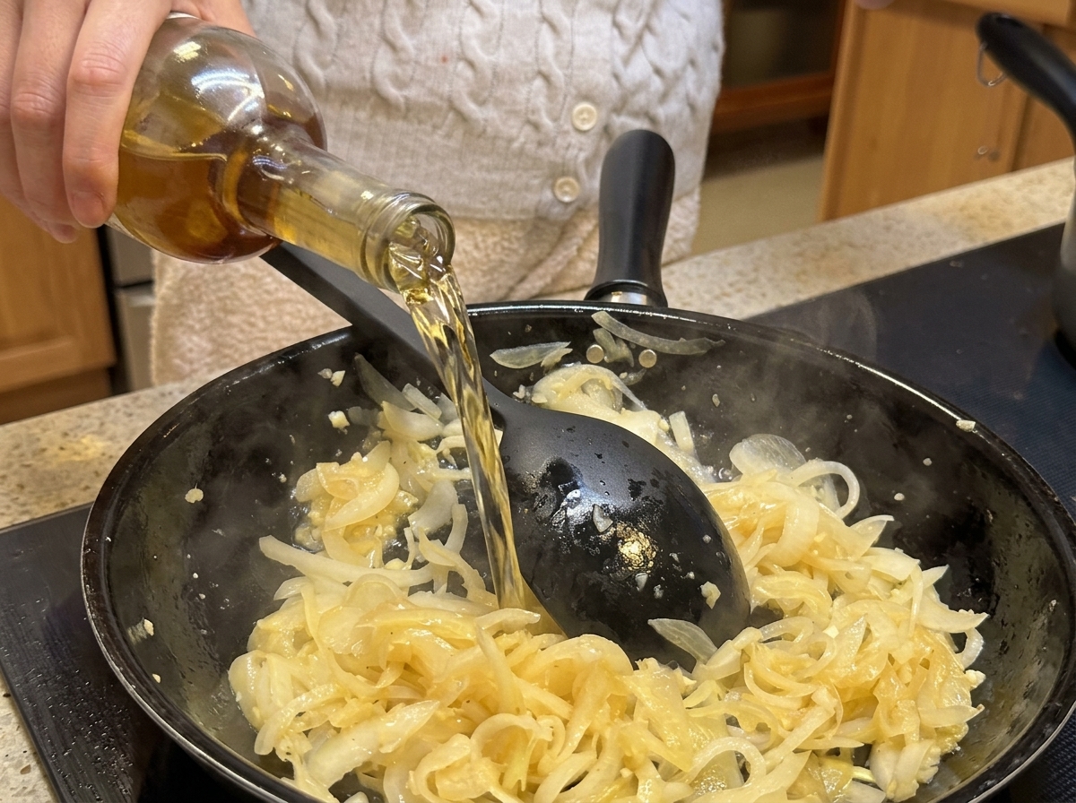 Vino bianco e aceto nero versati in una padella con cipolle e aglio.