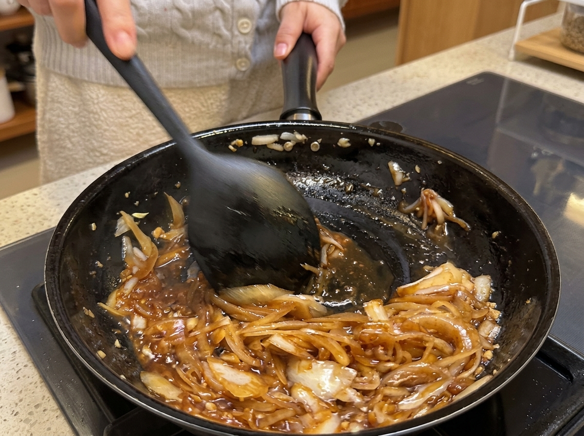 Una padella con cipolle caramellate e aromi con olio al peperoncino e acqua di cottura aggiunti.